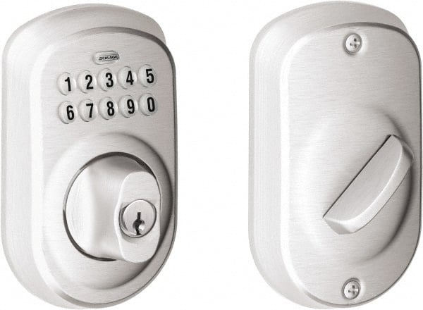 Schlage - 1-3/8 to 1-3/4" Door Thickness, Satin Chrome Finish, Keyless Deadbolt - Exact Tool & Supply