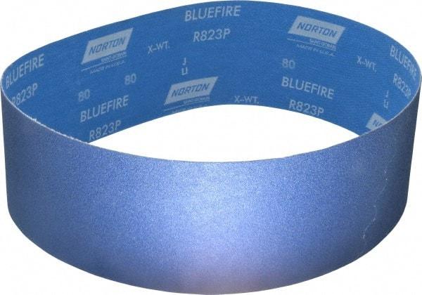 Norton - 4" Wide x 36" OAL, 80 Grit, Zirconia Alumina Abrasive Belt - Zirconia Alumina, Medium, Coated, X Weighted Cloth Backing, Series R823 - Exact Tool & Supply
