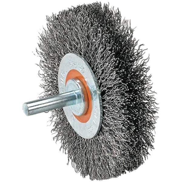WALTER Surface Technologies - 2" OD, 1/4" Shank Diam, Crimped Stainless Steel Wheel Brush - 5/8" Face Width, 0.0118" Filament Diam, 25,000 RPM - Exact Tool & Supply