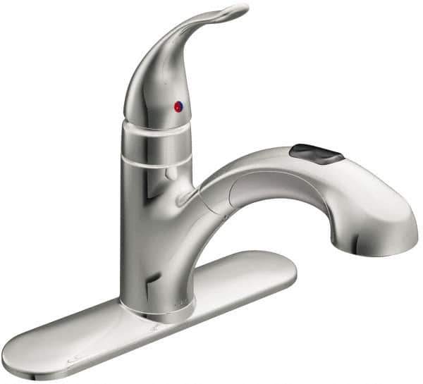 Moen - 3 Hole Mount, Low Arc Commercial Faucet - One Handle, Pull Lever Handle, Pullout Spout, No Drain - Exact Tool & Supply