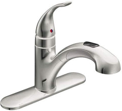 Moen - 3 Hole Mount, Low Arc Commercial Faucet - One Handle, Pull Lever Handle, Pullout Spout, No Drain - Exact Tool & Supply