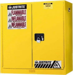 Justrite - 2 Door, 3 Shelf, Yellow Steel Wall Mount Safety Cabinet for Flammable and Combustible Liquids - 44" High x 43" Wide x 12" Deep, Manual Closing Door, 20 Gal Capacity - Exact Tool & Supply