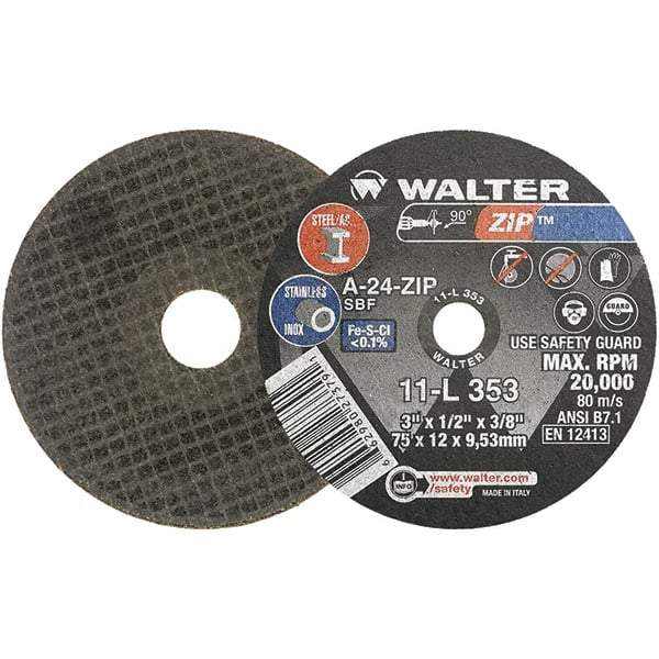 WALTER Surface Technologies - 3" 24 Grit Aluminum Oxide Cutoff Wheel - 1/2" Thick, 3/8" Arbor, 25,470 Max RPM, Use with Die Grinders - Exact Tool & Supply