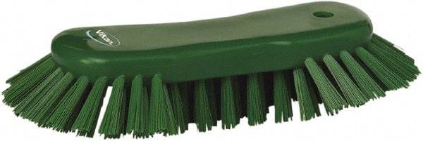 Vikan - 1.3" Bristle Length, Polyester Utility Scrub Brush - 7-3/4" Long x 3" Wide Head, 8" OAL, European Threaded Handle, Green, Polypropylene Block - Exact Tool & Supply
