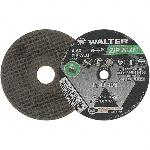 WALTER Surface Technologies - 4" 60 Grit Aluminum Oxide Cutoff Wheel - 1/32" Thick, 3/8" Arbor, 19,100 Max RPM, Use with Angle Grinders - Exact Tool & Supply