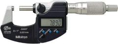Mitutoyo - 0.0001 Inch Resolution, Standard Throat, Electronic Outside Micrometer - Includes Stand - Exact Tool & Supply