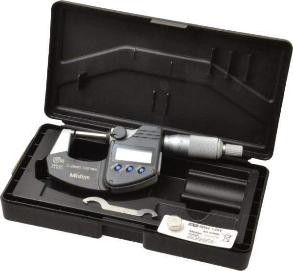 Mitutoyo - 0 to 25 mm Range, 0.001 mm Resolution, Standard Throat, IP65 Electronic Outside Micrometer - 0.001 Inch Accuracy, Ratchet Stop Thimble, Carbide Face, SR44 Battery, Data Output, Plastic Case, Includes NIST Traceable Certification of Inspection - Exact Tool & Supply