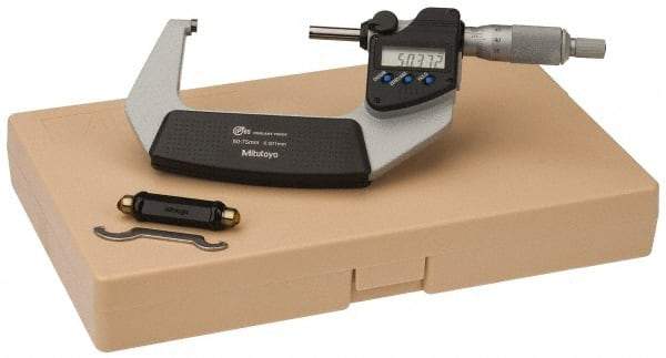 Mitutoyo - 50 to 75 mm Range, 0.001 mm Resolution, Standard Throat, IP65 Electronic Outside Micrometer - 0.001 Inch Accuracy, Ratchet Stop Thimble, Carbide Face, SR44 Battery, Data Output, Plastic Case, Includes NIST Traceable Certification of Inspection - Exact Tool & Supply
