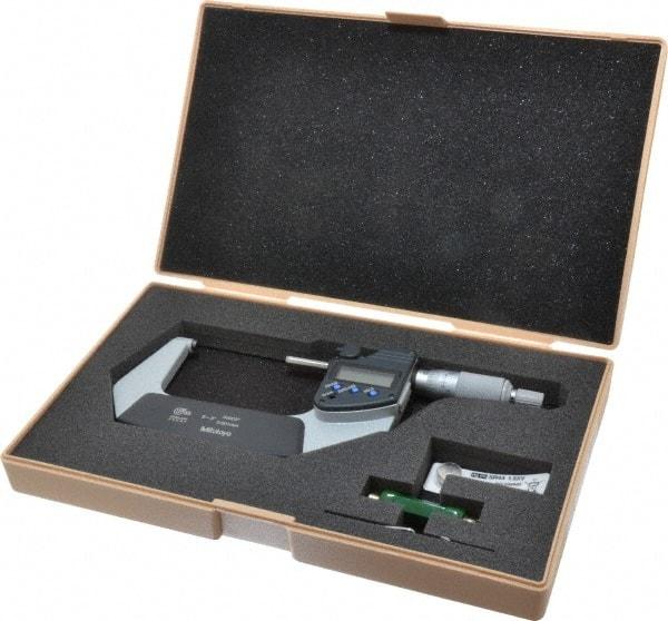 Mitutoyo - 2 to 3 Inch Range, 0.0001 Inch Resolution, Standard Throat, IP65 Electronic Outside Micrometer - 0.0001 Inch Accuracy, Ratchet Stop Thimble, Carbide Face, SR44 Battery, Data Output, Plastic Case - Exact Tool & Supply