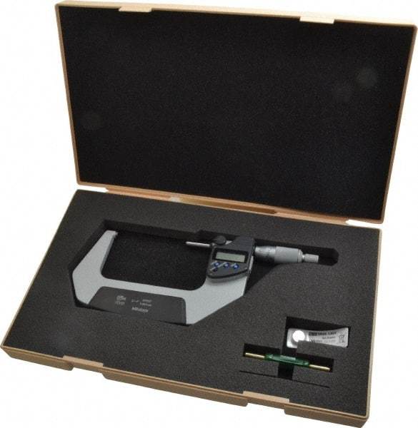 Mitutoyo - 3 to 4 Inch Range, 0.0001 Inch Resolution, Standard Throat, IP65 Electronic Outside Micrometer - 0.0001 Inch Accuracy, Ratchet Stop Thimble, Carbide Face, SR44 Battery, Data Output, Plastic Case - Exact Tool & Supply