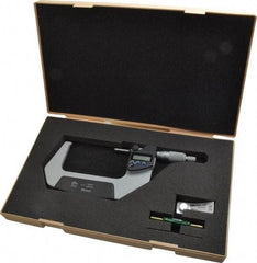 Mitutoyo - 3 to 4 Inch Range, 0.0001 Inch Resolution, Standard Throat, IP65 Electronic Outside Micrometer - 0.0001 Inch Accuracy, Ratchet Stop Thimble, Carbide Face, SR44 Battery, Data Output, Plastic Case - Exact Tool & Supply