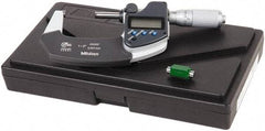 Mitutoyo - 1 to 2 Inch Range, 0.0001 Inch Resolution, Standard Throat, IP65 Electronic Outside Micrometer - 0.0001 Inch Accuracy, Friction Thimble, Carbide Face, SR44 Battery, Data Output, Plastic Case, Includes NIST Traceable Certification of Inspection - Exact Tool & Supply