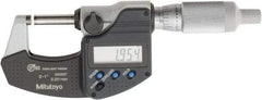 Mitutoyo - 0 to 1 Inch Range, 0.0001 Inch Resolution, Standard Throat, IP65 Electronic Outside Micrometer - 0.0001 Inch Accuracy, Ratchet Friction Thimble, Carbide Face, SR44 Battery, Plastic Case, Includes NIST Traceable Certification of Inspection - Exact Tool & Supply