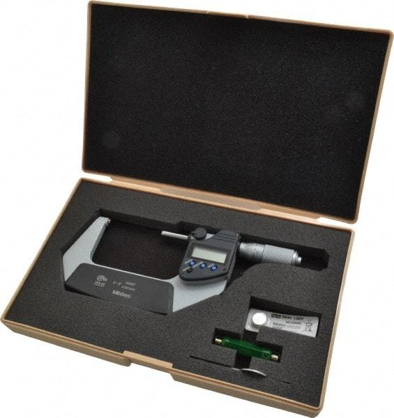 Mitutoyo - 2 to 3 Inch Range, 0.0001 Inch Resolution, Standard Throat, IP65 Electronic Outside Micrometer - 0.0001 Inch Accuracy, Ratchet Friction Thimble, Carbide Face, SR44 Battery, Plastic Case - Exact Tool & Supply