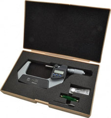 Mitutoyo - 2 to 3 Inch Range, 0.0001 Inch Resolution, Standard Throat, IP65 Electronic Outside Micrometer - 0.0001 Inch Accuracy, Ratchet Friction Thimble, Carbide Face, SR44 Battery, Plastic Case - Exact Tool & Supply