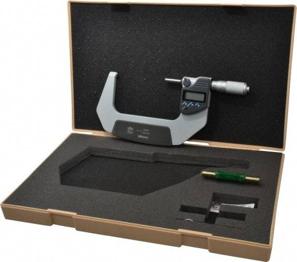 Mitutoyo - 3 to 4 Inch Range, 0.0001 Inch Resolution, Standard Throat, IP65 Electronic Outside Micrometer - 0.0001 Inch Accuracy, Ratchet Friction Thimble, Carbide Face, SR44 Battery, Plastic Case - Exact Tool & Supply
