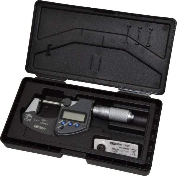 Mitutoyo - 0 to 1 Inch Range, 0.0001 Inch Resolution, Standard Throat, IP65 Electronic Outside Micrometer - 0.0001 Inch Accuracy, Ratchet Friction Thimble, Carbide Face, SR44 Battery, Plastic Case - Exact Tool & Supply