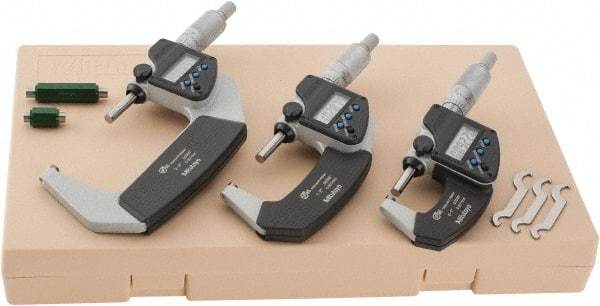 Mitutoyo - 0 to 3" Range, 0.001mm Resolution, IP65, 3 Piece Electronic Outside Micrometer Sets - 0.001mm Accuracy, Ratchet Stop Thimble, Carbide Measuring Face - Exact Tool & Supply