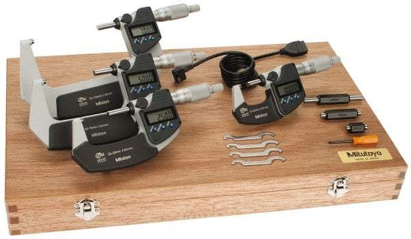 Mitutoyo - 0 to 100mm Range, 0.001mm Resolution, IP65, 4 Piece Electronic Outside Micrometer Sets - 0.001, 0.002mm Accuracy, Ratchet Stop Thimble, Carbide Measuring Face - Exact Tool & Supply