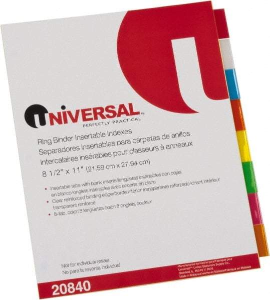 UNIVERSAL - 8-1/2 x 11" 8 Tabs, Single Sided Clear Mylar Reinforced Binding Edge, Insertable Tab Economy Indexes - Multicolor Tabs, Buff Folder - Exact Tool & Supply