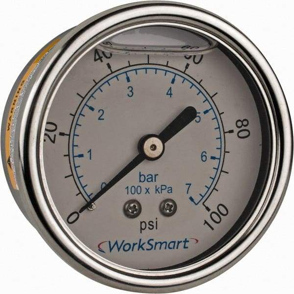 Value Collection - 2-1/2" Dial, 1/4 Thread, 0-100 Scale Range, Pressure Gauge - Center Back Connection Mount, Accurate to 3-2-3% of Scale - Exact Tool & Supply
