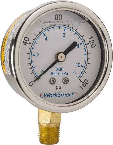 Value Collection - 2-1/2" Dial, 1/4 Thread, 0-160 Scale Range, Pressure Gauge - Lower Connection Mount, Accurate to 3-2-3% of Scale - Exact Tool & Supply