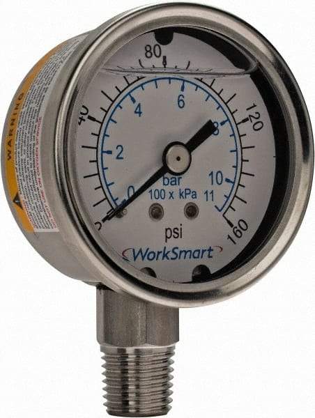 Value Collection - 2" Dial, 1/4 Thread, 0-160 Scale Range, Pressure Gauge - Lower Connection Mount, Accurate to 3-2-3% of Scale - Exact Tool & Supply