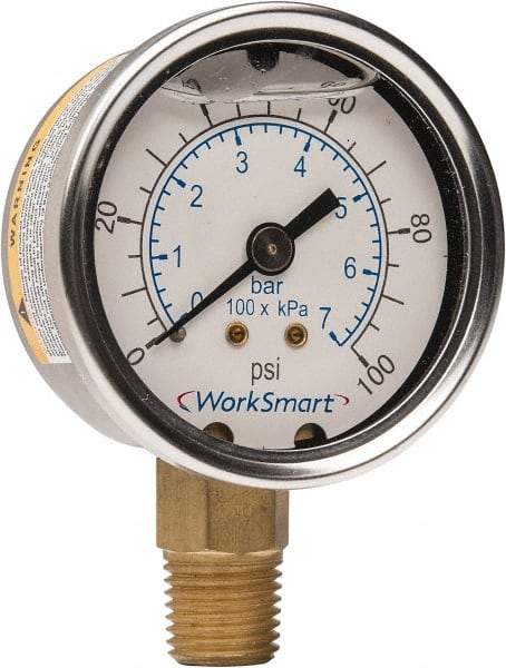 Value Collection - 2" Dial, 1/4 Thread, 0-100 Scale Range, Pressure Gauge - Lower Connection Mount, Accurate to 3-2-3% of Scale - Exact Tool & Supply