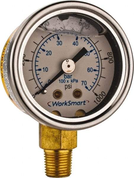 Value Collection - 1-1/2" Dial, 1/8 Thread, 0-1,000 Scale Range, Pressure Gauge - Lower Connection Mount, Accurate to 3-2-3% of Scale - Exact Tool & Supply