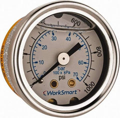 Value Collection - 1-1/2" Dial, 1/8 Thread, 0-1,000 Scale Range, Pressure Gauge - Center Back Connection Mount, Accurate to 3-2-3% of Scale - Exact Tool & Supply