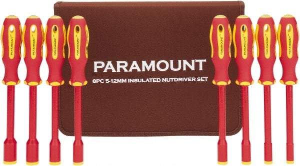 Paramount - 8 Piece 5 to 12mm Insulated Nutdriver Set - Solid Shaft, Ergonomic Handle - Exact Tool & Supply