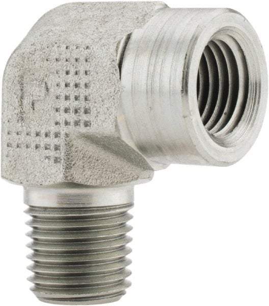 Parker - 1/4 Male Thread x 1/4 Female Thread, Zinc Plated Steel Industrial Pipe 90° Street Elbow - MNPTF x FNPTF, 5,000 psi - Exact Tool & Supply