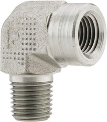 Parker - 1/4 Male Thread x 1/4 Female Thread, Zinc Plated Steel Industrial Pipe 90° Street Elbow - MNPTF x FNPTF, 5,000 psi - Exact Tool & Supply