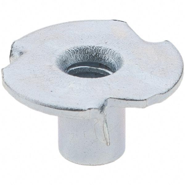 Made in USA - #6-32 Zinc-Plated Steel Standard Tee Nut - 1/4" Barrel Length, 1/2" Flange Diam, 3 Prongs - Exact Tool & Supply