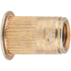 Value Collection - 1/4-28, 0.39 Insert Diam, 0.58" OAL, Knurled Body Open End Threaded Insert - 0.3906" Hole Diam, 1/2" Head Diam, 1008/1010 Steel, Clear Protective Coating & Zinc Yellow Dichromate Finish - Exact Tool & Supply