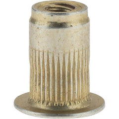 Value Collection - #6-32, 0.265 Insert Diam, 0.42" OAL, Knurled Body Open End Threaded Insert - 0.2656" Hole Diam, 0.39" Head Diam, 1008/1010 Steel, Clear Protective Coating & Zinc Yellow Dichromate Finish - Exact Tool & Supply