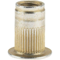 Value Collection - #8-32, 0.265 Insert Diam, 0.42" OAL, Knurled Body Open End Threaded Insert - 0.2656" Hole Diam, 0.39" Head Diam, 1008/1010 Steel, Clear Protective Coating & Zinc Yellow Dichromate Finish - Exact Tool & Supply