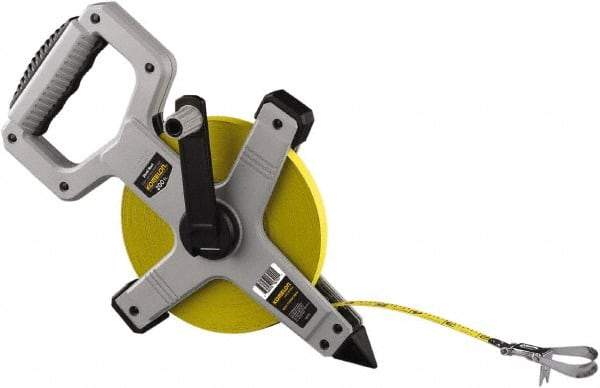 Komelon - 200' x 1/2" Yellow Steel Blade Tape Measure - 1/8" Graduation, Gray ABS Plastic Case - Exact Tool & Supply
