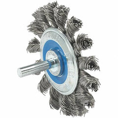 WALTER Surface Technologies - 2-3/4" OD, 1/4" Shank Diam, Knotted Stainless Steel Wheel Brush - 3/8" Face Width, 0.02" Filament Diam, 20,000 RPM - Exact Tool & Supply
