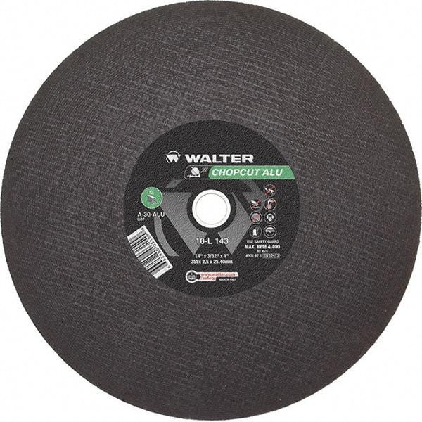 WALTER Surface Technologies - 14" 30 Grit Aluminum Oxide Cutoff Wheel - 3/32" Thick, 1" Arbor, 4,400 Max RPM, Use with Chop Saws - Exact Tool & Supply