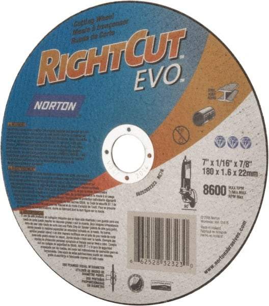 Norton - 7" Aluminum Oxide Cutoff Wheel - 0.045" Thick, 7/8" Arbor, 8,600 Max RPM, Use with Angle Grinders - Exact Tool & Supply