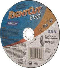 Norton - 7" Aluminum Oxide Cutoff Wheel - 0.045" Thick, 7/8" Arbor, 8,600 Max RPM, Use with Angle Grinders - Exact Tool & Supply