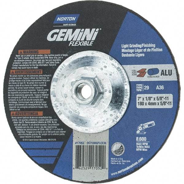 Norton - 36 Grit, 7" Wheel Diam, 1/8" Wheel Thickness, Type 29 Depressed Center Wheel - Aluminum Oxide, 8,600 Max RPM, Compatible with Angle Grinder - Exact Tool & Supply