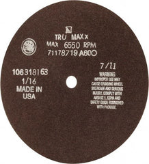 Tru-Maxx - 7" 60 Grit Aluminum Oxide Cutoff Wheel - 1/16" Thick, 1/2" Arbor, 5,184 Max RPM, Use with Stationary Tools - Exact Tool & Supply