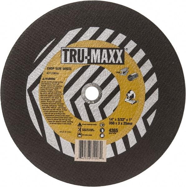 Tru-Maxx - 14" 36 Grit Aluminum Oxide Cutoff Wheel - 3/32" Thick, 1" Arbor, 4,365 Max RPM, Use with Chop Saws - Exact Tool & Supply