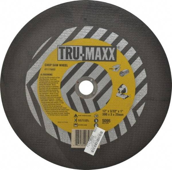 Tru-Maxx - 12" 36 Grit Aluminum Oxide Cutoff Wheel - 3/32" Thick, 1" Arbor, 5,095 Max RPM, Use with Chop Saws - Exact Tool & Supply
