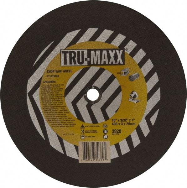 Tru-Maxx - 16" 36 Grit Aluminum Oxide Cutoff Wheel - 7/64" Thick, 1" Arbor, 3,820 Max RPM, Use with Chop Saws - Exact Tool & Supply