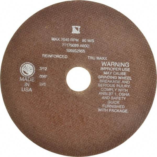 Tru-Maxx - 8" 60 Grit Aluminum Oxide Cutoff Wheel - 0.035" Thick, 1-1/4" Arbor, 7,639 Max RPM, Use with Stationary Tools - Exact Tool & Supply