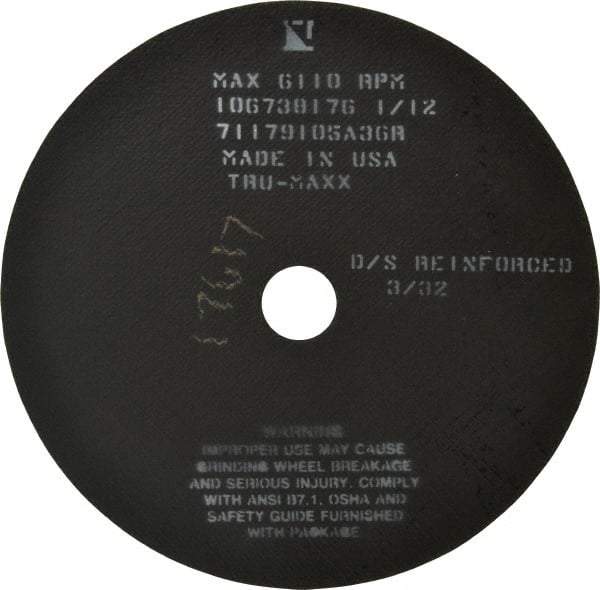 Tru-Maxx - 10" 36 Grit Aluminum Oxide Cutoff Wheel - 3/32" Thick, 1-1/4" Arbor, 6,112 Max RPM, Use with Stationary Tools - Exact Tool & Supply