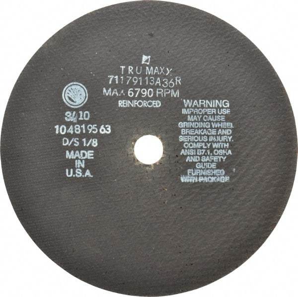 Tru-Maxx - 9" 36 Grit Aluminum Oxide Cutoff Wheel - 1/8" Thick, 7/8" Arbor, 6,791 Max RPM, Use with Angle Grinders - Exact Tool & Supply